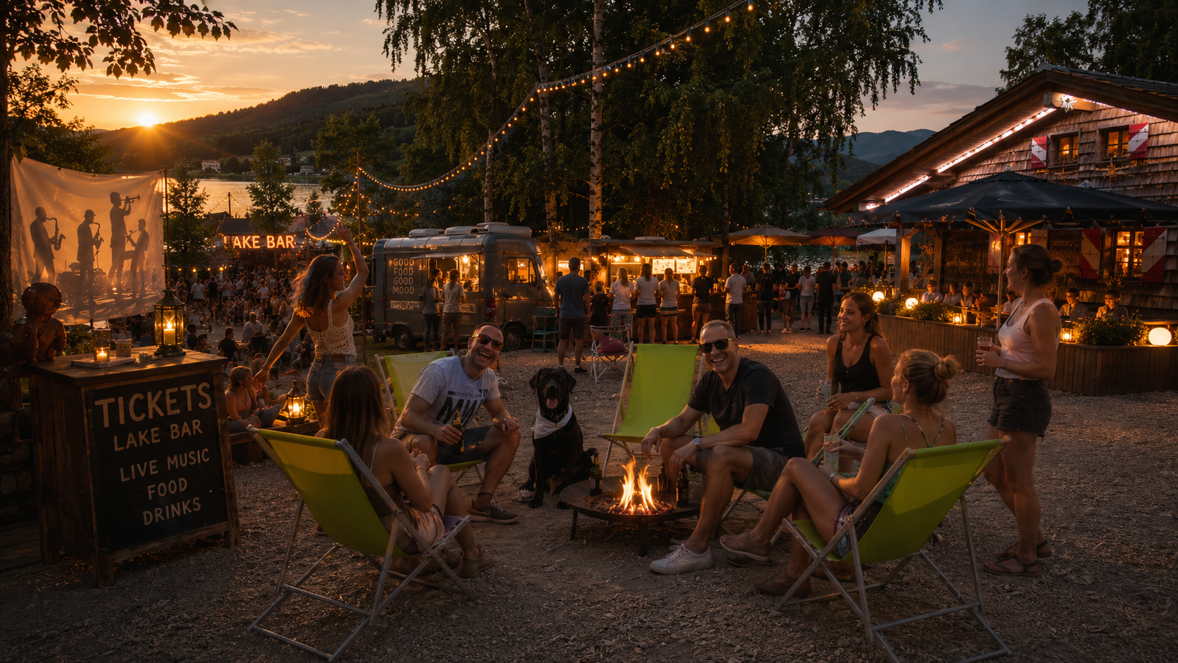 Festival am Fuschlsee bei Sonnenuntergang, See und Berge im Hintergrund, tanzende Menschen
